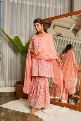 Peach gotta lace sharara set - (set of 3) 1