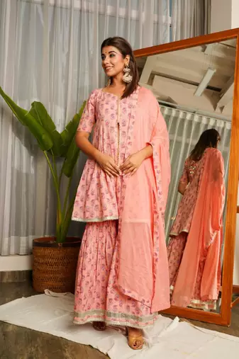 Peach gotta lace sharara set - (set of 3)