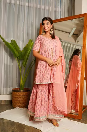 Peach gotta lace sharara set - (set of 3)