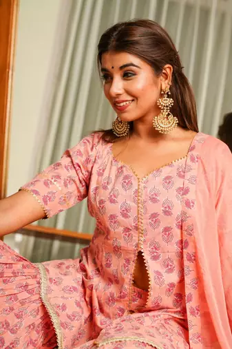 Peach gotta lace sharara set - (set of 3)