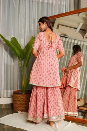 Peach gotta lace sharara set - (set of 3)