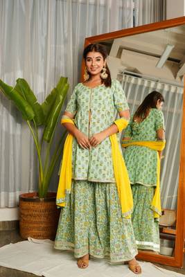Mint yellow gotta lace sharara set - (set of 3) 1