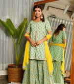 Mint yellow gotta lace sharara set - (set of 3)