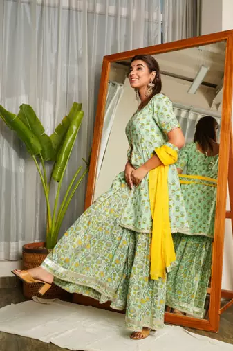 Mint yellow gotta lace sharara set - (set of 3)