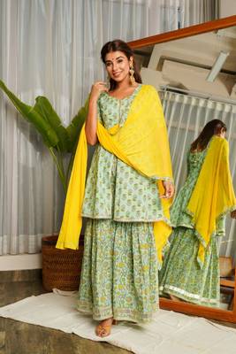 Mint yellow gotta lace sharara set - (set of 3) 3