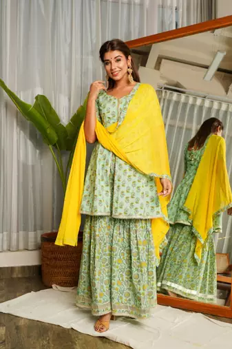 Mint yellow gotta lace sharara set - (set of 3)