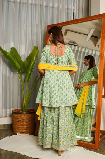 Mint yellow gotta lace sharara set - (set of 3)