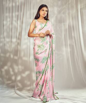 Baby pink print saree with blouse 1