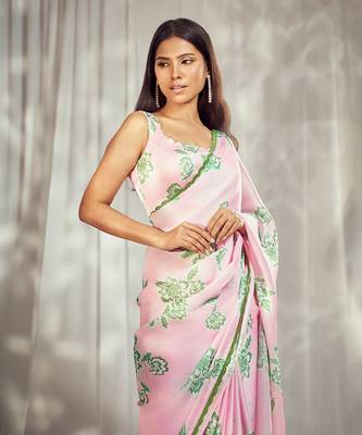 Baby pink print saree with blouse 2