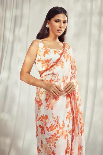 Burnt orange print saree with blouse