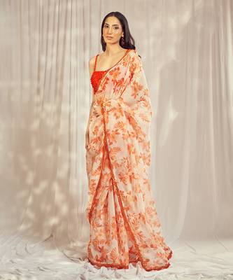 Burnt orange star organdie saree with blouse 1
