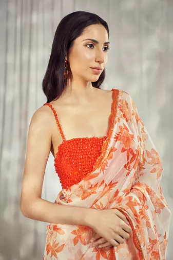 Burnt orange star organdie saree with blouse