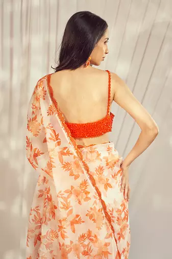 Burnt orange star organdie saree with blouse