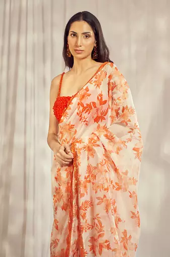 Burnt orange star organdie saree with blouse