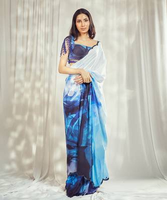 Blue crepe print embroidered saree with blouse 1