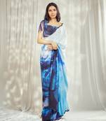 Blue crepe print embroidered saree with blouse