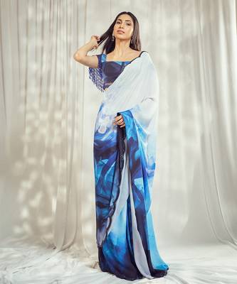 Blue crepe print embroidered saree with blouse 2