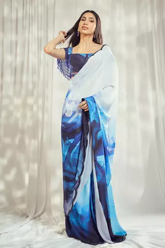 Blue crepe print embroidered saree with blouse