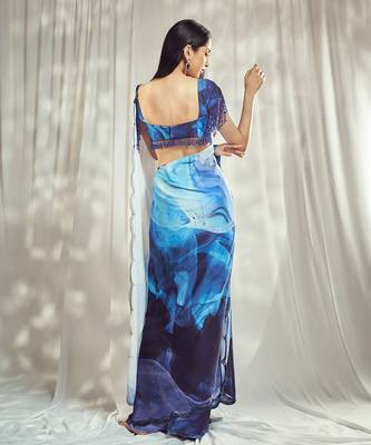Blue crepe print embroidered saree with blouse 3