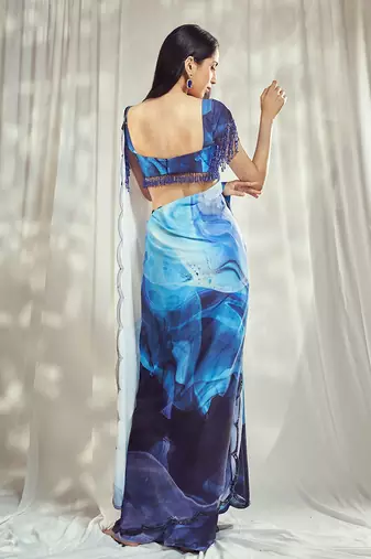 Blue crepe print embroidered saree with blouse