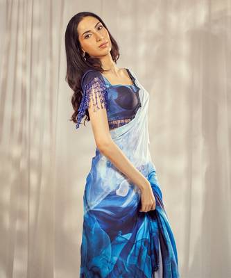Blue crepe print embroidered saree with blouse 4