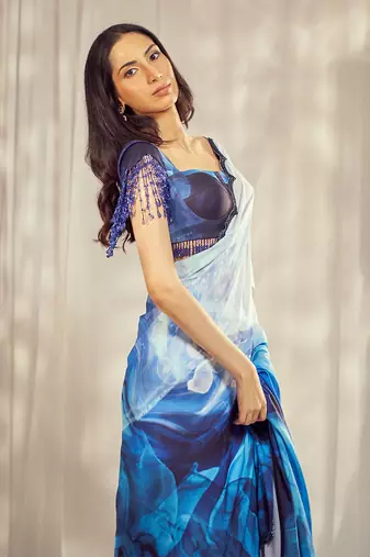 Blue crepe print embroidered saree with blouse