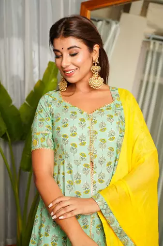 Mint yellow gotta lace sharara set - (set of 3)