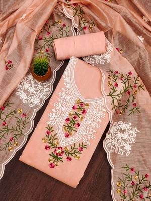 Manvaa women's peach multi embroidery chanderi cotton dress material 1