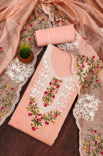 Manvaa women's peach unstitched multi embroidery chanderi cotton dress material 