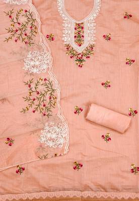Manvaa women's peach multi embroidery chanderi cotton dress material 2