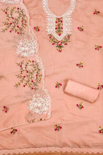 Manvaa women's peach multi embroidery chanderi cotton dress material