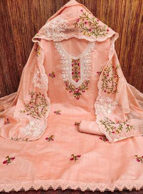 Manvaa women's peach multi embroidery chanderi cotton dress material 3