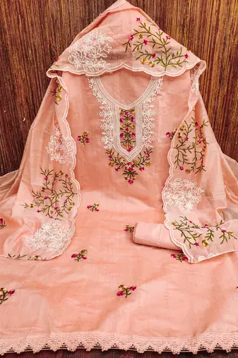 Manvaa women's peach multi embroidery chanderi cotton dress material