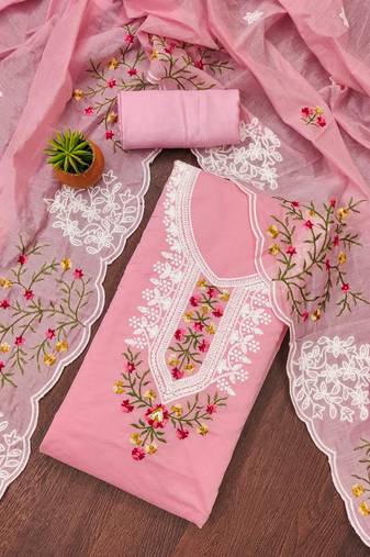 Manvaa women's pink unstitched multi embroidery chanderi cotton dress material 