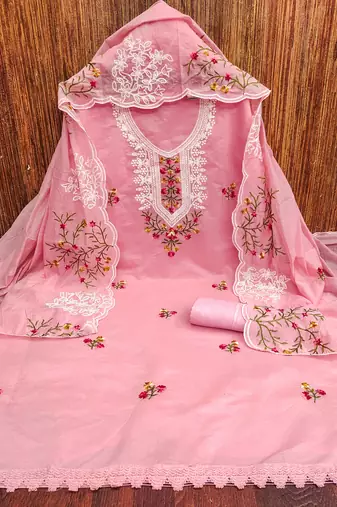 Manvaa women's pink multi embroidery chanderi cotton dress material