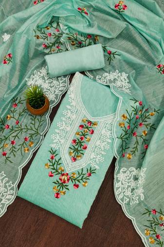Manvaa women's sea green unstitched multi embroidery chanderi cotton dress material 