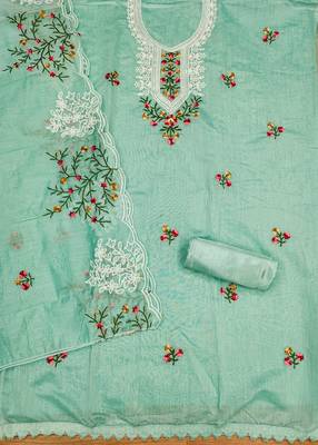 Manvaa women's sea green multi embroidery chanderi cotton dress material 2