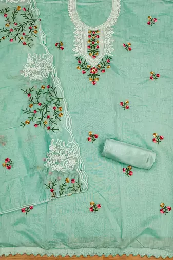 Manvaa women's sea green multi embroidery chanderi cotton dress material