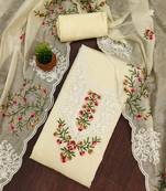 Manvaa women's white unstitched multi embroidery chanderi cotton dress material