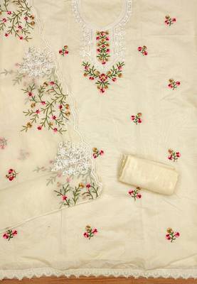 Manvaa women's white multi embroidery chanderi cotton dress material 2