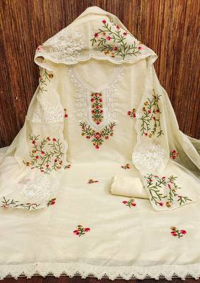 Manvaa women's white multi embroidery chanderi cotton dress material 3