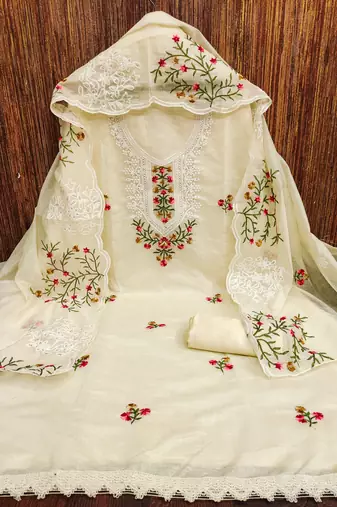 Manvaa women's white multi embroidery chanderi cotton dress material
