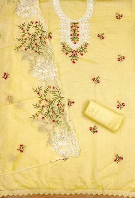 Manvaa women's yellow multi embroidery chanderi cotton dress material 2