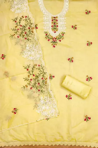 Manvaa women's yellow multi embroidery chanderi cotton dress material