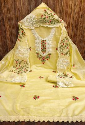 Manvaa women's yellow multi embroidery chanderi cotton dress material 3