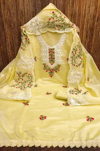 Manvaa women's yellow multi embroidery chanderi cotton dress material
