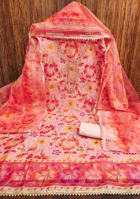Manvaa women's peach thread sequnce work organza dress material 3