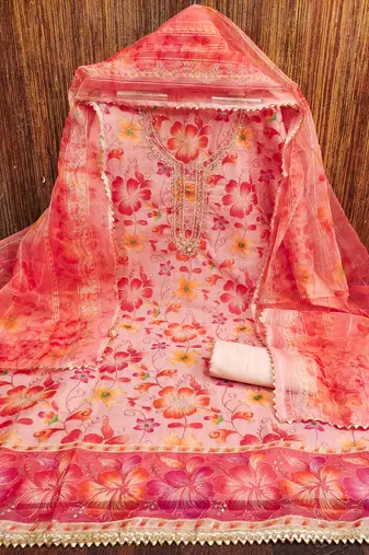 Manvaa women's peach thread sequnce work organza dress material