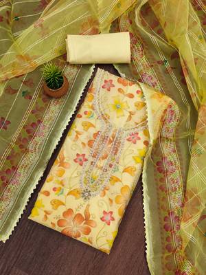 Manvaa women's yellow thread sequnce work organza dress material 1