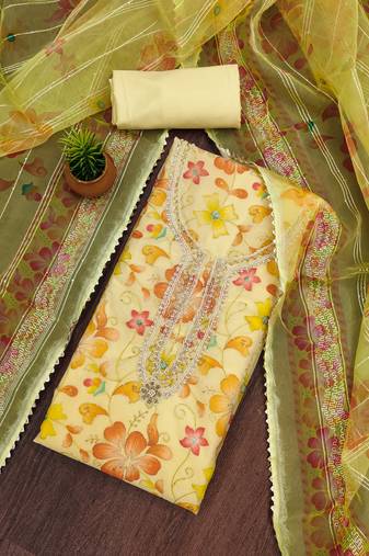Manvaa women's yellow unstitched thread sequnce work organza dress material 